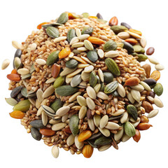 A bowl of mixed nuts and seeds on transparent background