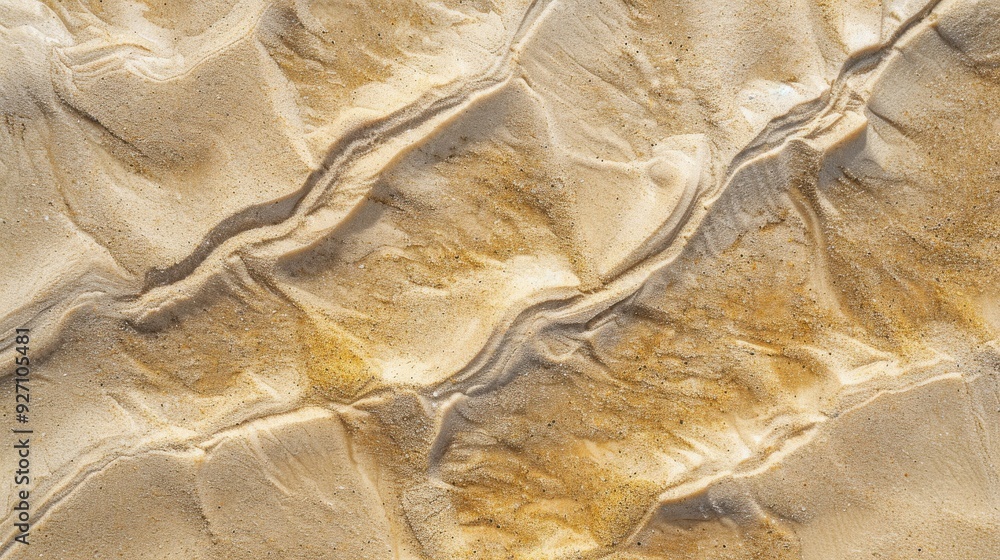 Poster a close-up view of sandy beach with water receding patterns. the sand is a light beige color, and th