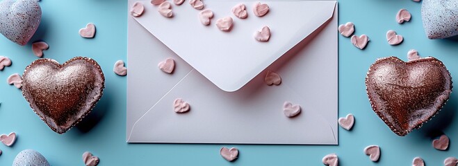 A pink envelope with a blank card and Valentine hearts on a pastel blue background represents a Valentine�s Day gift.