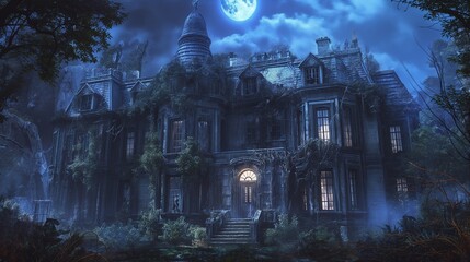 Spooky victorian haunted house covered in vines stands in the moonlight, surrounded by mist and fog, perfect for halloween