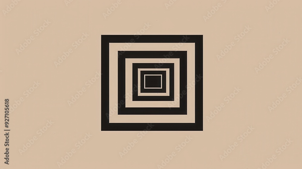 Poster A black square is centered within a larger square, both of which are set against a beige background. The black square is made up of smaller squares within it, creating a sense of depth and perspective