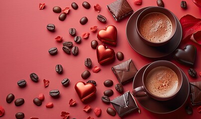A flat lay Valentine's Day composition includes a gift box, heart-shaped candy, a romantic letter, coffee cup, and candles on a red background.