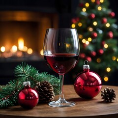 Wine and Christmas ornaments on the table on the awesome background