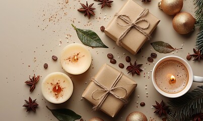 An aesthetic minimalist Valentine's Day composition includes gift boxes, heart-shaped candles, and a cup of coffee arranged on a beige background.