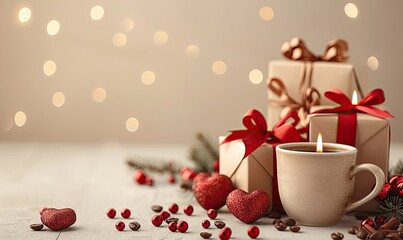 A stylish minimal Valentine's Day greeting card template includes a frame of gift boxes, a coffee cup, ribbon, and heart-shaped candles on a beige background.