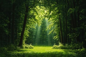 Obraz premium Sunlight streams through the dense forest canopy, illuminating a lush green clearing in the serene woods.