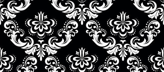Floral pattern. Vintage wallpaper in the Baroque style. Seamless vector background. White and black ornament for fabric, wallpaper, packaging. Ornate Damask flower ornament.