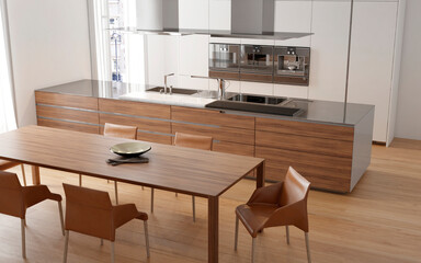 Modern house interior kitchen with living room design. 3D Render
