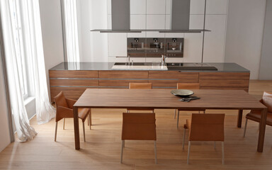 Modern house interior kitchen with living room design. 3D Render