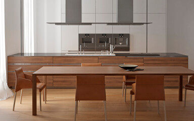 Modern house interior kitchen with living room design. 3D Render