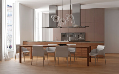 Modern house interior kitchen with living room design. 3D Render