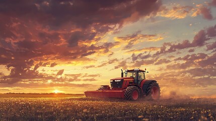 A sizable red tractor is seen working