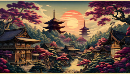 Obraz premium Temple Japanese ukiyo-e style, 