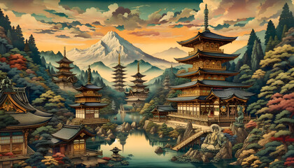 Temple Japanese ukiyo-e style, 