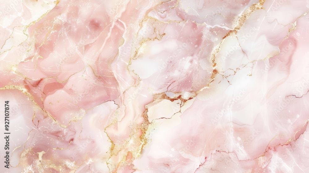 Poster A close-up shot of a smooth pink and gold marble surface with intricate veining patterns. The background is a soft white with hints of pink and gold, creating a luxurious and elegant feel.