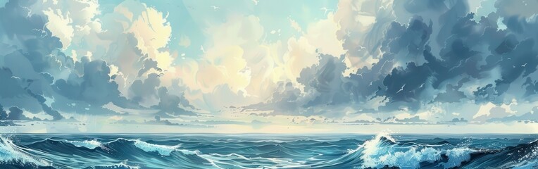 A panoramic view of the ocean on a calm day with blue skies and white puffy clouds. The horizon is clear and there are no ships or land in sight. The waves are gently rolling and breaking, creating a 