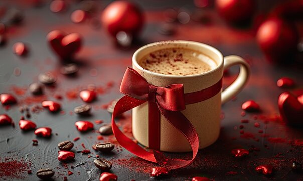 A happy Valentine's Day concept features a white gift box with hearts and a red ribbon bow, accompanied by a cup of coffee and candy on a red background. - Powered by Adobe