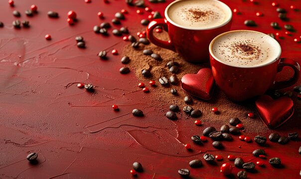 A Valentine's Day background frame includes a gift box, candy, a heart-shaped coffee cup, and candles on a red table in a flat lay view for a greeting card design.