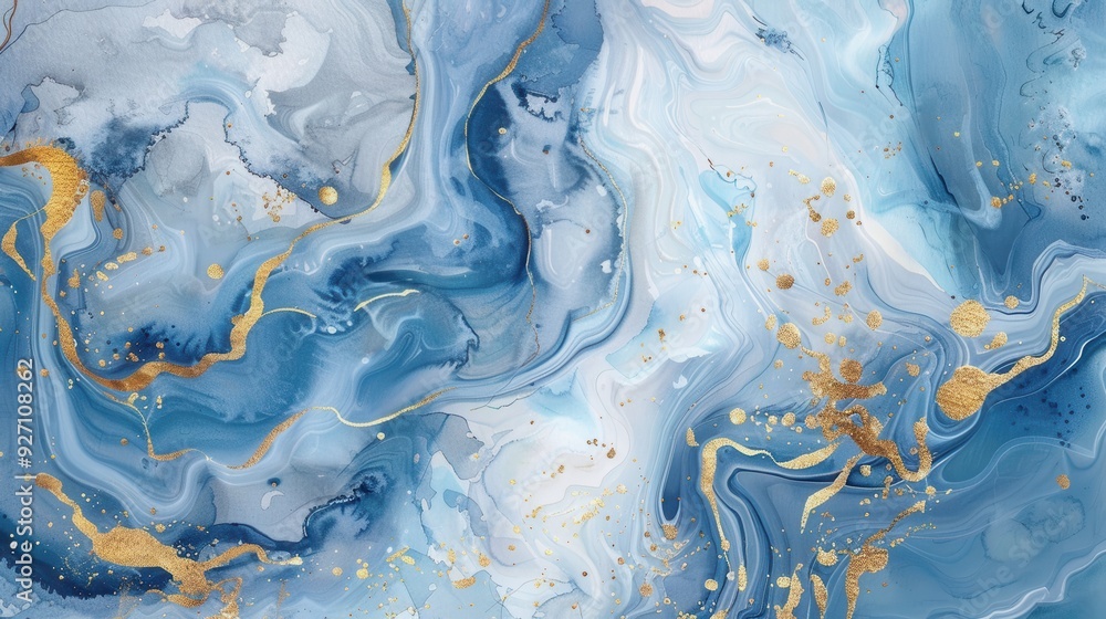 Poster An abstract background image featuring swirling blue and gold paint, creating a marbled effect. The colors blend together smoothly, creating a dynamic and visually appealing design.