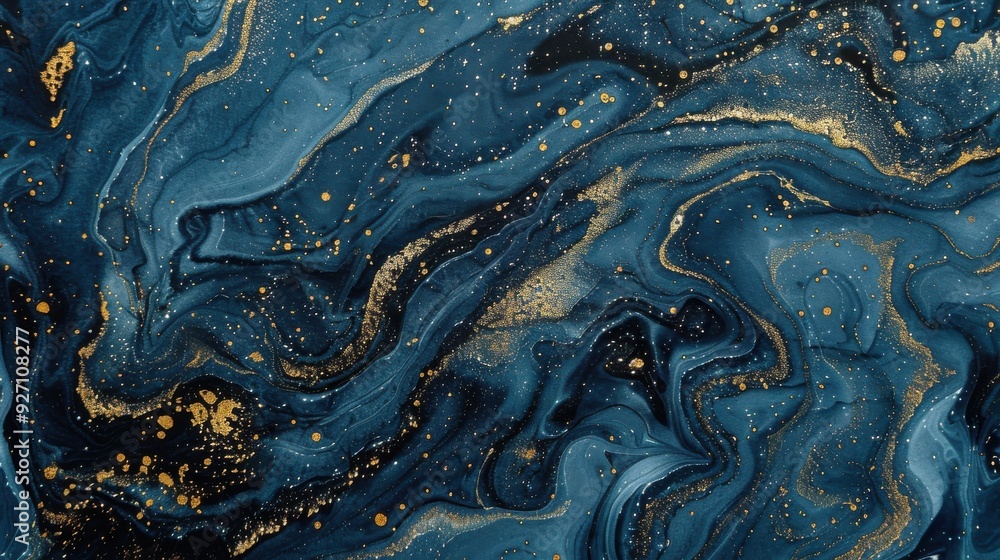 Leinwandbilder a blue and gold paint pattern swirls and mixes, creating a textured and abstract design. the gold pa