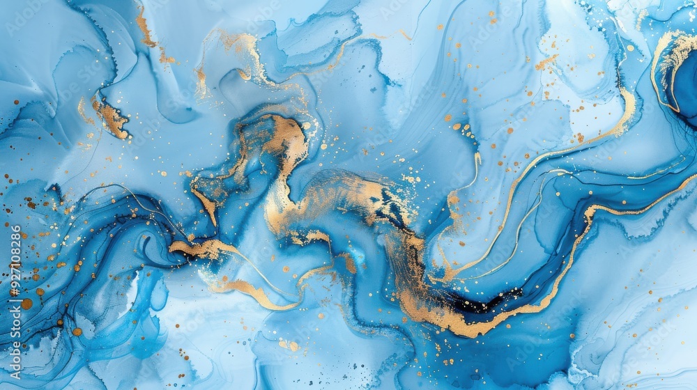 Aufkleber This image showcases an abstract pattern created using blue and gold paint. The swirling, fluid lines and shapes resemble the look of marble, creating a visually striking and elegant design. The gold 