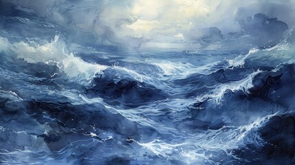 A watercolor painting depicting a tumultuous sea scene with large, whitecapped waves cresting under a stormy sky. The sky is a mix of dark grey and light blue, with hints of sunlight breaking through 