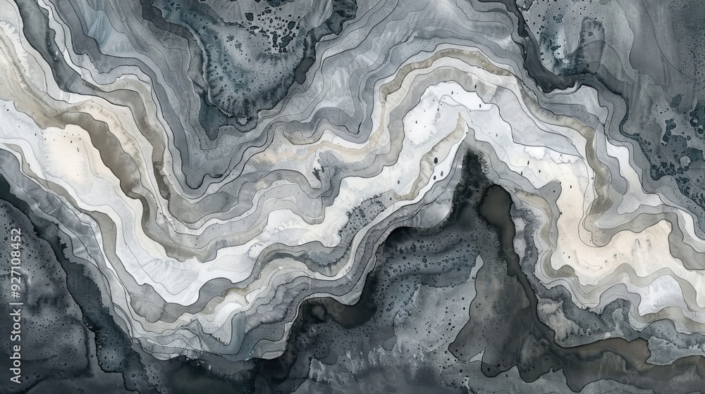 Poster The image shows an abstract watercolor painting with swirling patterns of black, white, and grey. The colors blend and overlap, creating a dynamic and organic texture. The overall impression is one of