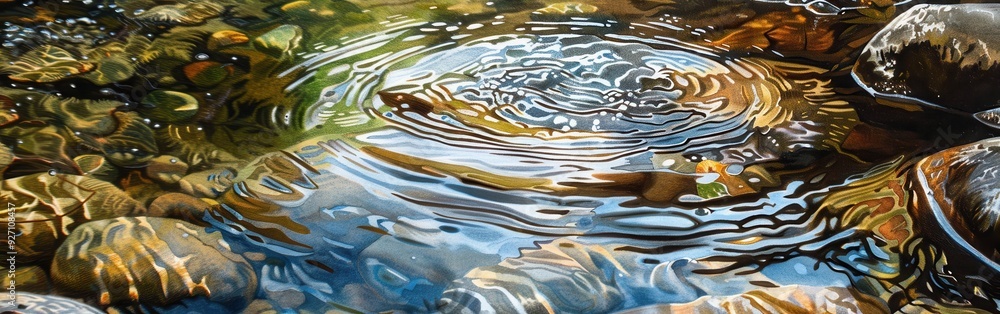 Leinwandbilder Sunlight filters through the clear water of a shallow stream, creating a mesmerizing pattern of ripples and reflections on the smooth, rounded stones beneath. The water is undisturbed except for a sma