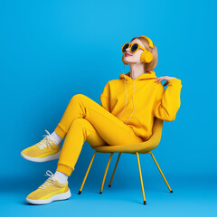 Stylish woman in yellow outfit with headphones, sitting on a chair against a vibrant blue background, enjoying music and looking relaxed.