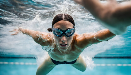 A woman performing aerobic aqua exercise under the water 