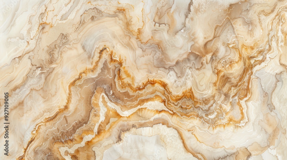 Poster a close up image of swirling brown and white onyx marble. the swirling pattern is created by the nat