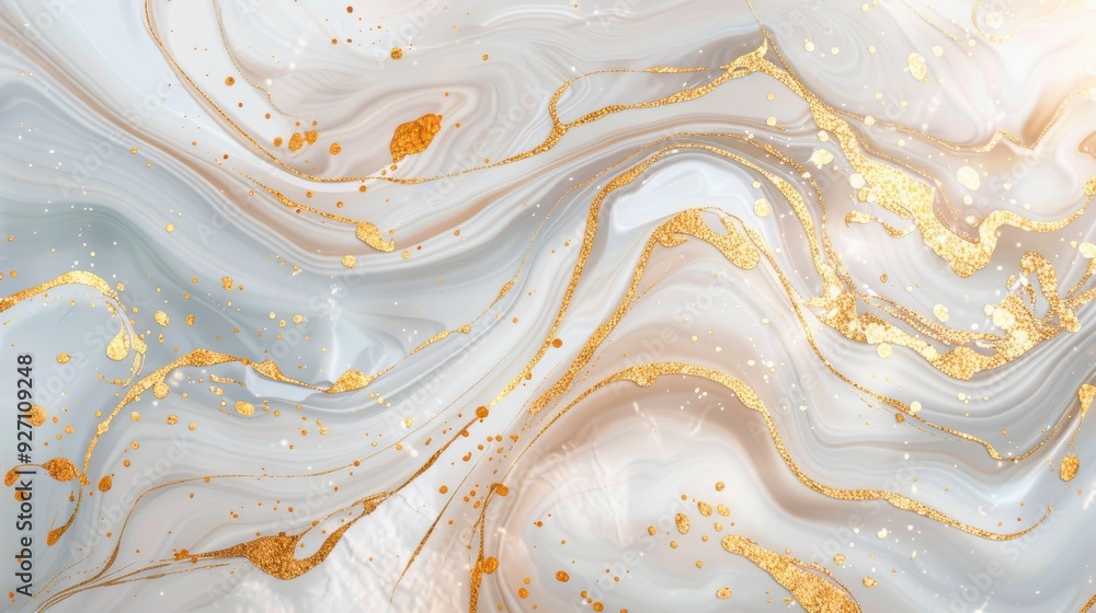 Poster this image features an abstract design of white and gold paint swirls, with hints of pink and silver