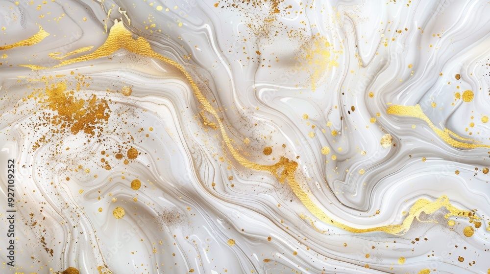 Poster white and gold marble swirls with abstract patterns and gold speckles.