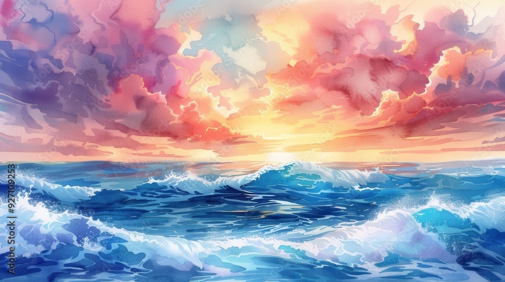 Poster a painting depicting a colorful sunset sky above a blue ocean with large waves cresting and crashing