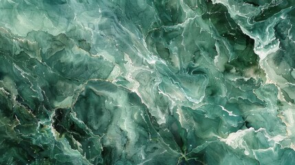 Fototapeta premium A close-up image of a green and white abstract watercolor painting, resembling marble with swirls and streaks.