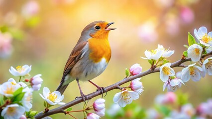Robin bird singing on a blossoming branch in soft spring light, Robin, bird, singing, blossoming, branch, spring, light