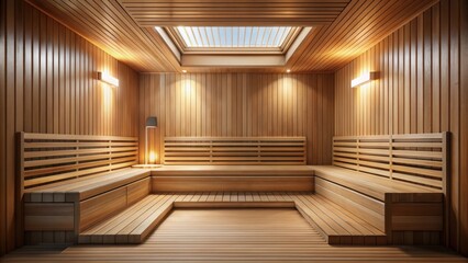 Front view of empty Finnish sauna room with modern wooden interior and dry steam, Finnish sauna, empty, front view