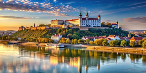 Fototapeta premium Historical center of Bratislava with castle overlooking Danube river, Slovakia, Bratislava, historical, center, castle