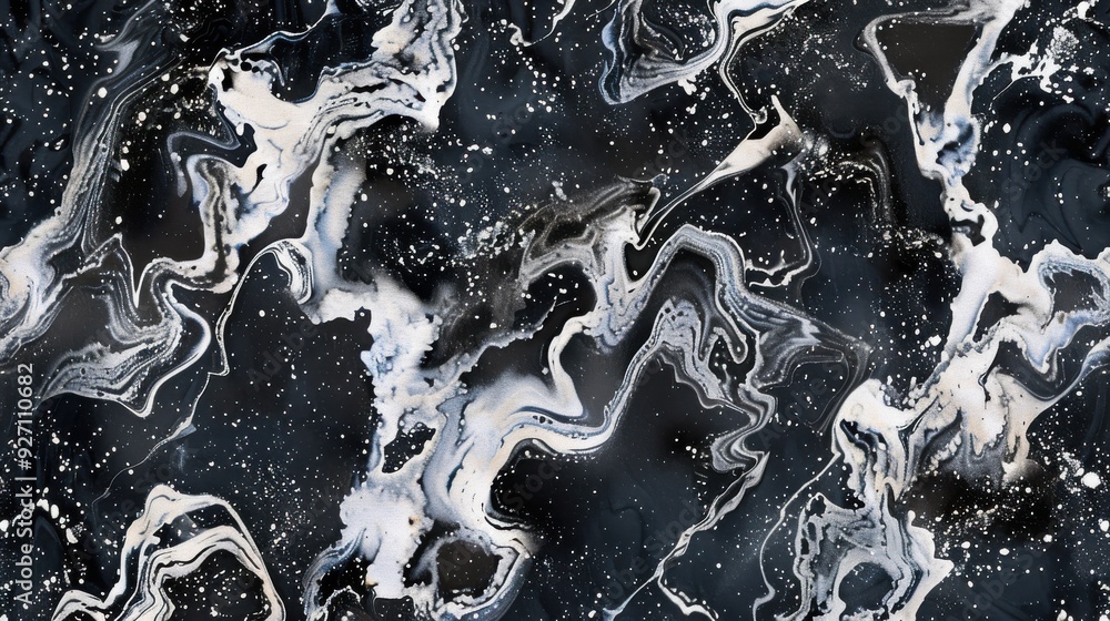 Poster a close-up shot of a black and white abstract pattern with swirling, flowing lines and white speckle