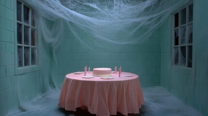 A forgotten birthday party setup in a dilapidated room, cobwebs and dust, eerie and mysterious