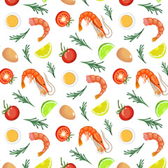 Shrimp and food in a pattern.Vector seamless pattern with shrimps, eggs, tomatoes and lemons on a transparent background.