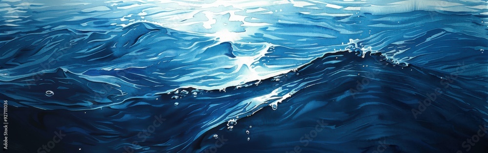 Poster The sun shines brightly on a wave cresting in the deep blue ocean. The wave is breaking and creates a spray of white foam. The water is crystal clear and the light reflects off of the surface.