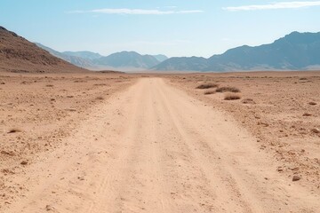 A minimalistic path winding through a desert landscape with symbolic gestures leading the way, providing plenty of room for text.