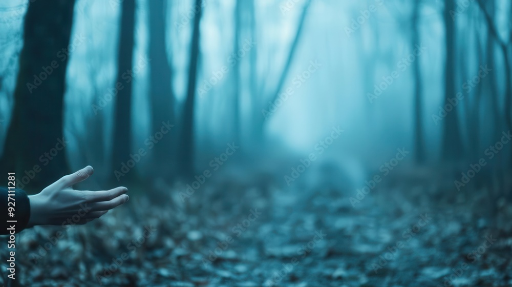 Poster an abstract path winding through a misty forest with hands reaching out towards it, providing ample 