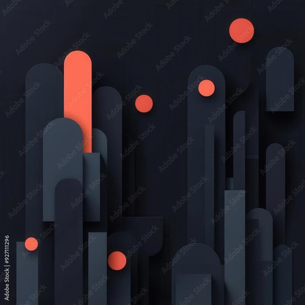 Poster abstract orientation grid with floating indicators and geometric icons, dark background with ample t