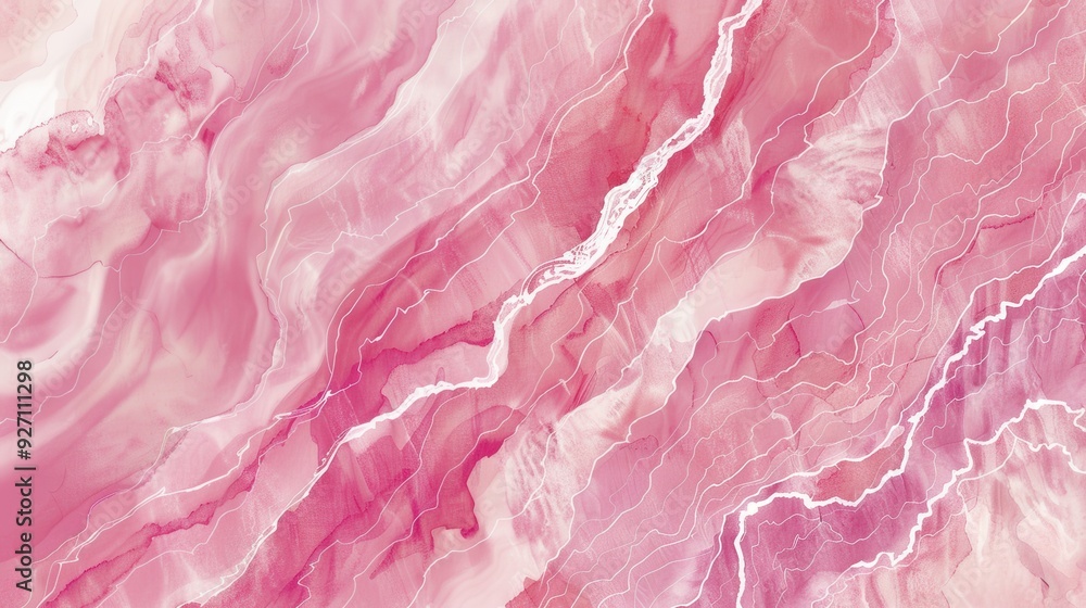 Poster a close-up photograph of a pink marble surface with swirling patterns and veins of lighter pink and 