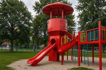 A playground with a bright red play tower and slide in K&ouml;nigsbrunn near Augsburg in Bavaria on a cloudy day