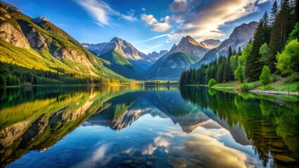 Fototapeta premium Beautiful mountain valley reflection on serene lake surface, mountains, valley, reflection, lake, serene, beautiful, landscape