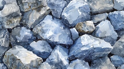 A close-up watercolor painting of a pile of blue rocks. The painting captures the detail and texture of the rocks, with washes of blue and white paint. The rocks are arranged in a random order, creati