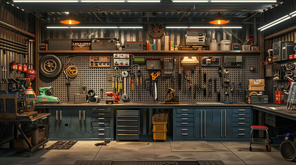  garage with tools and equipment on shelves, a workbench, and a small stool.